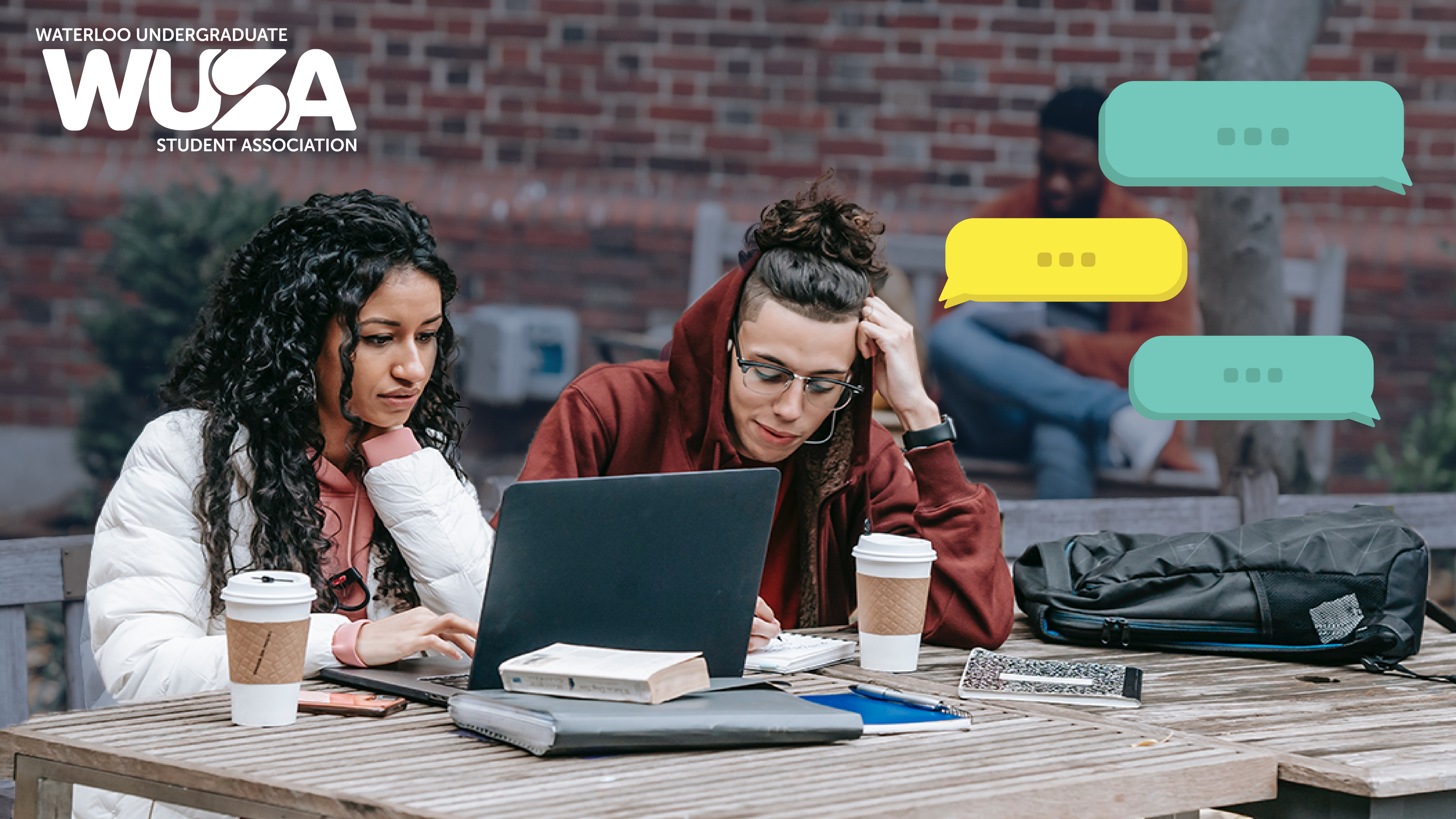 Two students, one with curly hair and the other with long hair, sit at an outdoor table, working on a laptop. Both have coffee cups, and there are textbooks and a backpack nearby. Speech bubbles indicate conversation about student financial aid. Waterloo Undergraduate Student Association logo is in the corner.