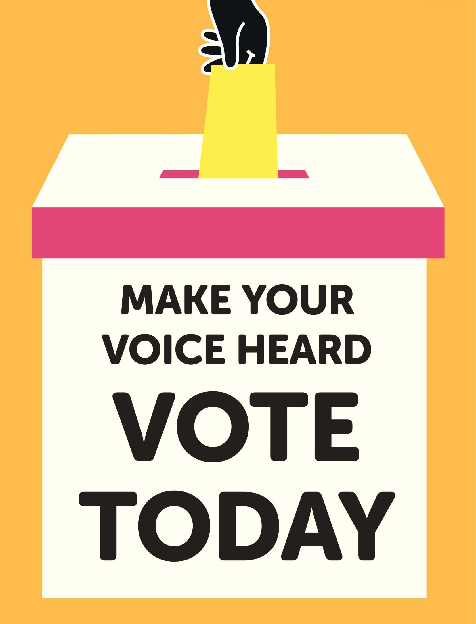 Illustration of a hand inserting a yellow paper into a ballot box with the message "Make Your Voice Heard, Vote Today" written on the front. The ballot box is white with a pink top, set against an orange background.