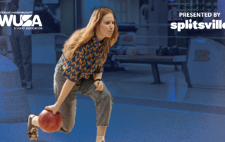 A person with long hair, wearing a patterned shirt and jeans, holds a red bowling ball, preparing to bowl at Splitsville. The image features logos for the Waterloo Undergraduate Student Association and the popular bowling alley.