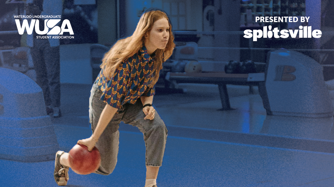 A person with long hair, wearing a patterned shirt and jeans, holds a red bowling ball, preparing to bowl at Splitsville. The image features logos for the Waterloo Undergraduate Student Association and the popular bowling alley.