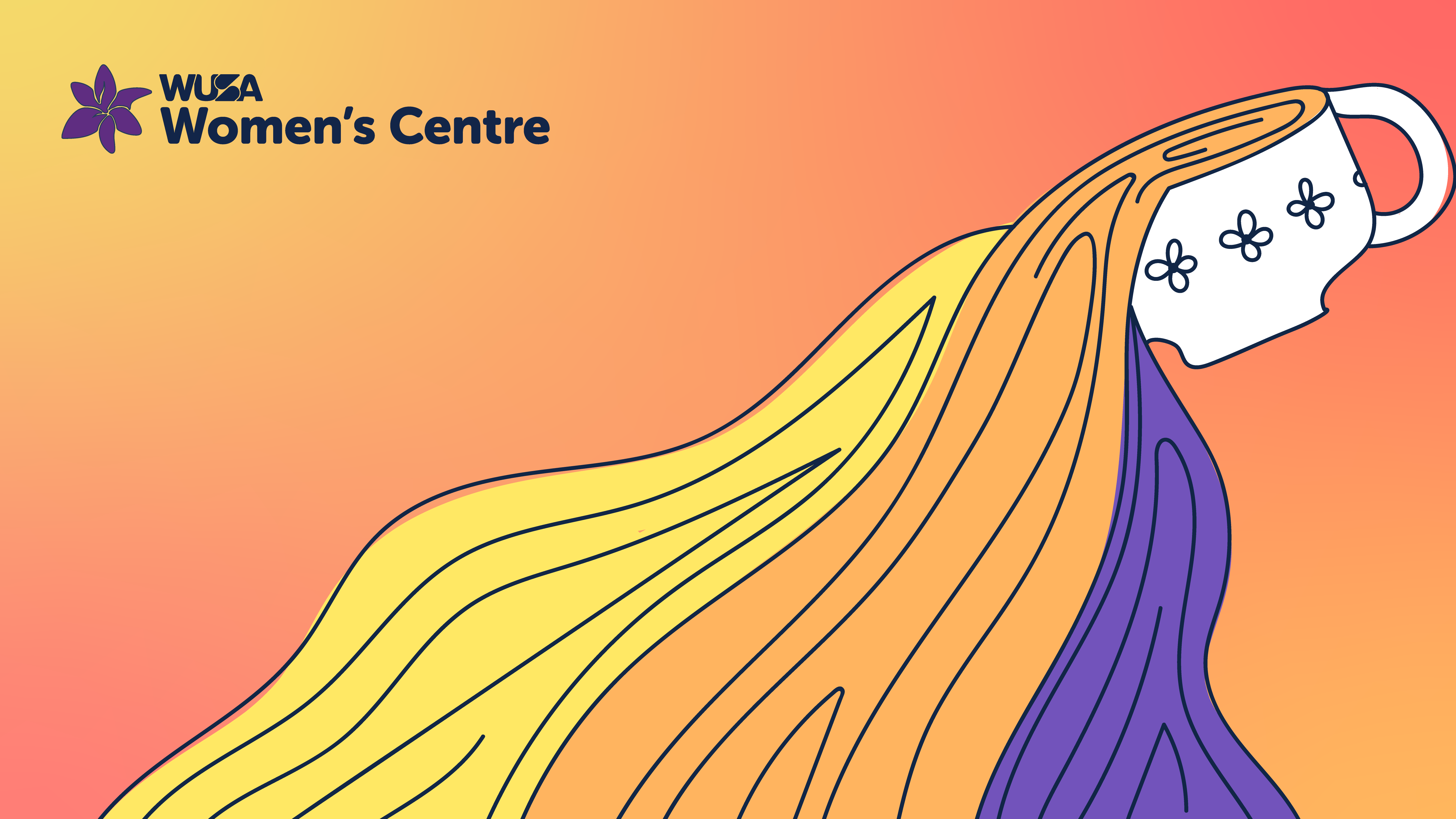 Logo for WUSA Women's Centre featuring a stylized teacup pouring out colorful liquid, transitioning from yellow to orange to purple against a gradient background—perfect for promoting Tea Talk and Consent Week.