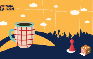 Illustration of a coffee cup and game pieces, accompanied by a city skyline silhouette and the WUSA ICSN logo on a yellow background. Perfect for sparking conversations or cozy talks over tea.