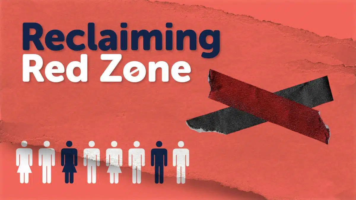 A graphic with a torn red background features the text "Reclaiming Red Zone." Below the text are simplified icons of six people, mostly grey with one in dark blue. Adjacent to the icons is a red and black duct tape X symbol.