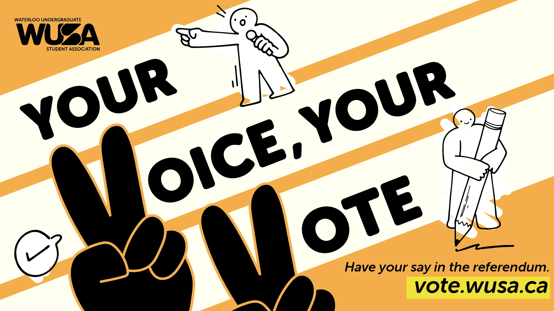 A vibrant banner for the Waterloo Undergraduate Student Association's 2024 Voting referendum encourages students to participate. The text "YOUR VOICE, YOUR VOTE" is prominently displayed alongside engaging illustrations and the website vote.wusa.ca for more information.