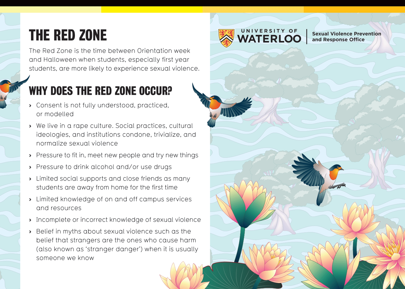 An informative poster by the University of Waterloo’s Sexual Violence Prevention and Response Office. It highlights "The Red Zone," a period when new students are vulnerable to sexual violence, and explains contributing factors such as societal pressures and inadequate sexual education. The background features birds and lotus flowers.