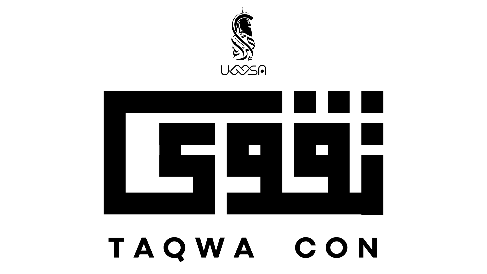 A logo for TaqwaCon featuring stylized black Arabic calligraphy with the English text "TAQWA CON" below it. At the top, there is an illustration of a woman in traditional attire with Arabic text underneath, encapsulating the spirit of the convention.