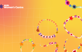 Colorful friendship bracelets with the words "HAPPY" and smiley faces on a gradient background, WUSA Women's Centre text in top left.