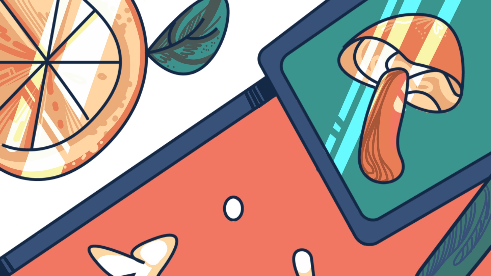 Illustration featuring a sliced citrus fruit, leaves, a tablet with a mushroom image, pills, and abstract geometric shapes, reminiscent of a glass painting workshop.