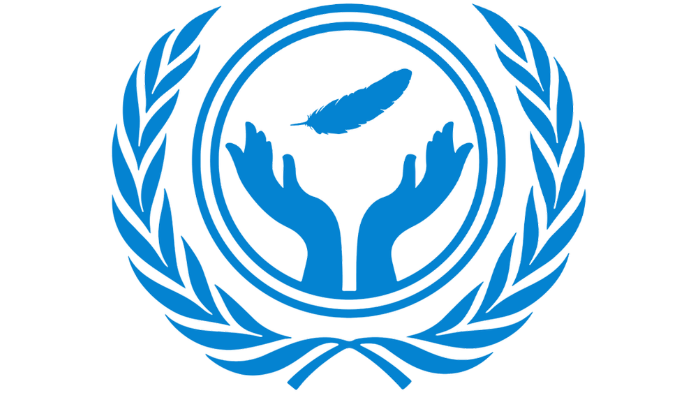 The SOCHUM logo for MUN features two blue hands holding a feather encircled by laurel leaves.