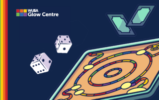 Colorful board game with dice, cards, and a retro design perfect for Board Game Night. "WUSA Glow Centre" logo in the corner.