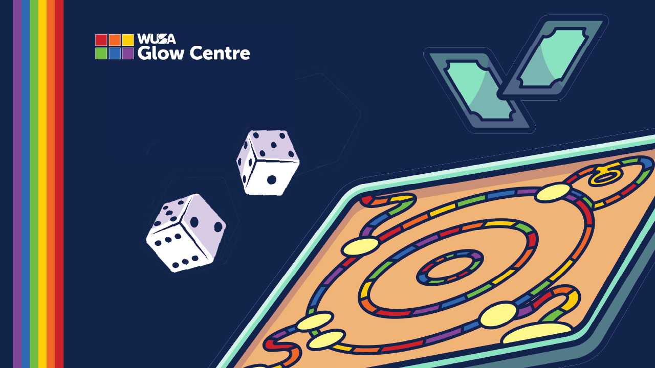 Colorful board game with dice, cards, and a retro design perfect for Board Game Night. "WUSA Glow Centre" logo in the corner.