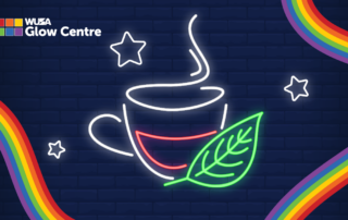 Neon tea cup with steam and a leaf, surrounded by stars and rainbow stripes on a dark background, captures a moment of Tea Time under the galaxy's watchful eye.