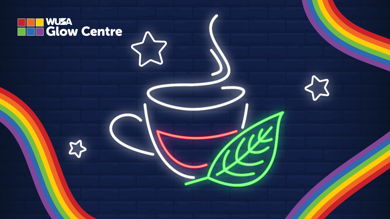 Neon tea cup with steam and a leaf, surrounded by stars and rainbow stripes on a dark background, captures a moment of Tea Time under the galaxy's watchful eye.