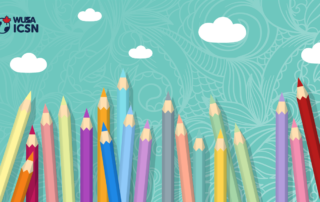 Colorful pencils and clouds on a patterned background with the WUSA and ICSN logos in the top left corner.