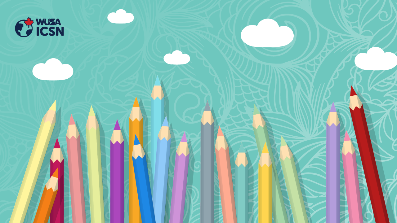 Colorful pencils and clouds on a patterned background with the WUSA and ICSN logos in the top left corner.