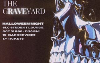 Poster for WUSA's "The Graveyard" Halloween event featuring a shiny skull and all the spine-tingling event details.