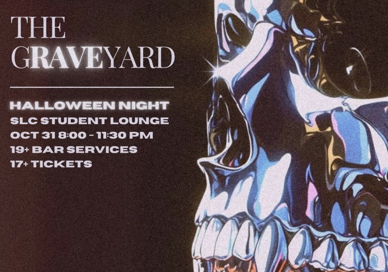 Poster for WUSA's "The Graveyard" Halloween event featuring a shiny skull and all the spine-tingling event details.