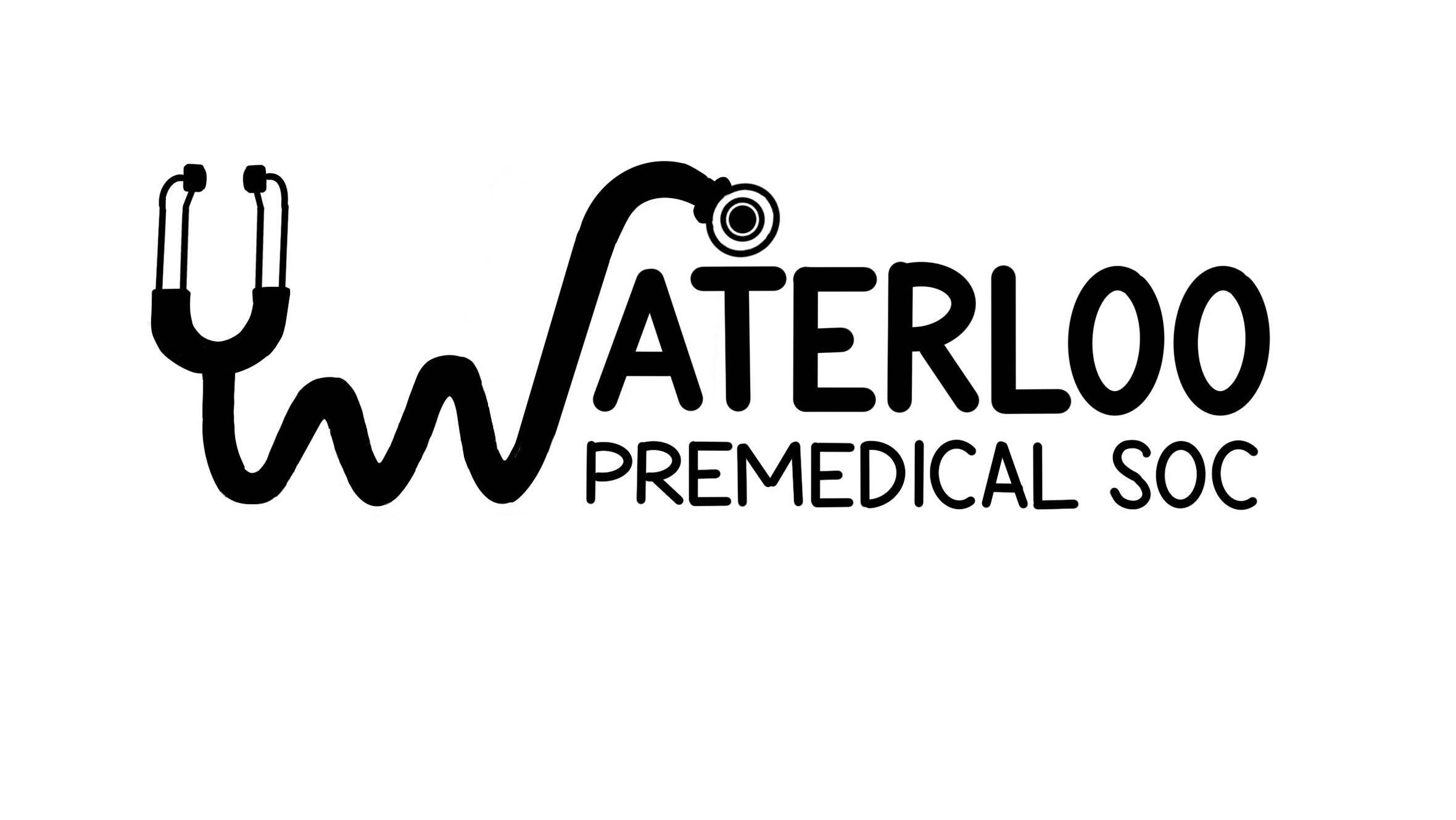 Logo of Waterloo Premedical Society, featuring a stethoscope design, symbolizing the journey to McMaster Medical School.