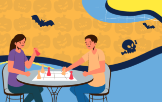 Two people engage in a board game at the table, surrounded by spooky Halloween-themed decorations, conveying a sense of eerie anticipation as if part of an auto draft for a chilling adventure.