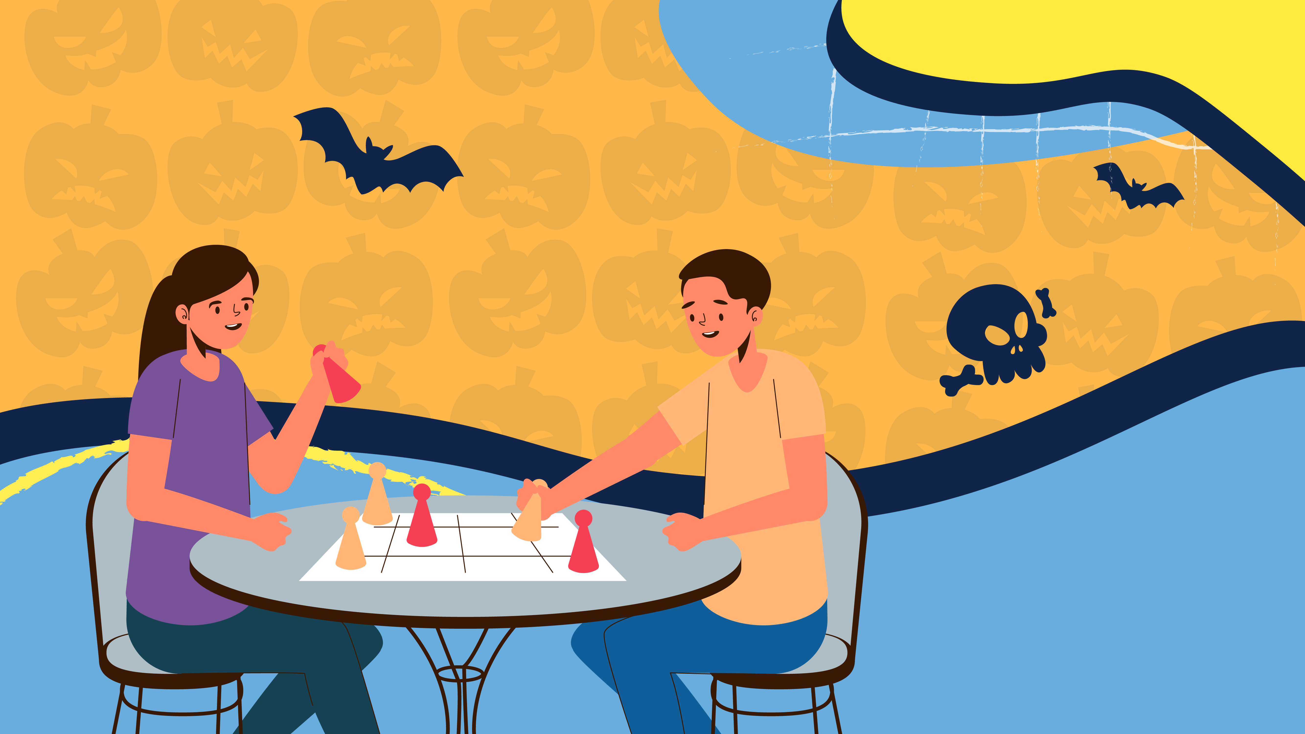 Two people engage in a board game at the table, surrounded by spooky Halloween-themed decorations, conveying a sense of eerie anticipation as if part of an auto draft for a chilling adventure.