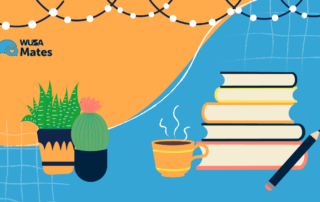 Illustration of plants, books, a steaming cup, and a pencil on a blue and orange background with string lights, capturing the cozy essence of a night study session.