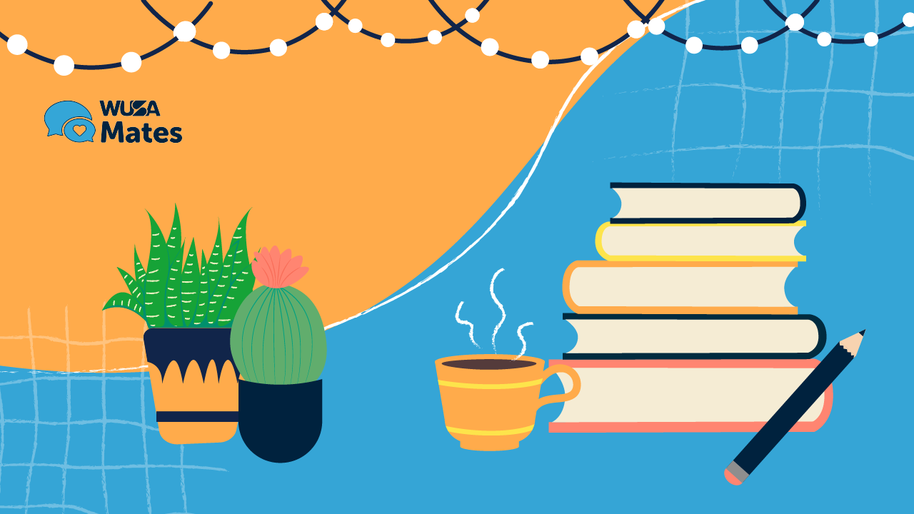 Illustration of plants, books, a steaming cup, and a pencil on a blue and orange background with string lights, capturing the cozy essence of a night study session.