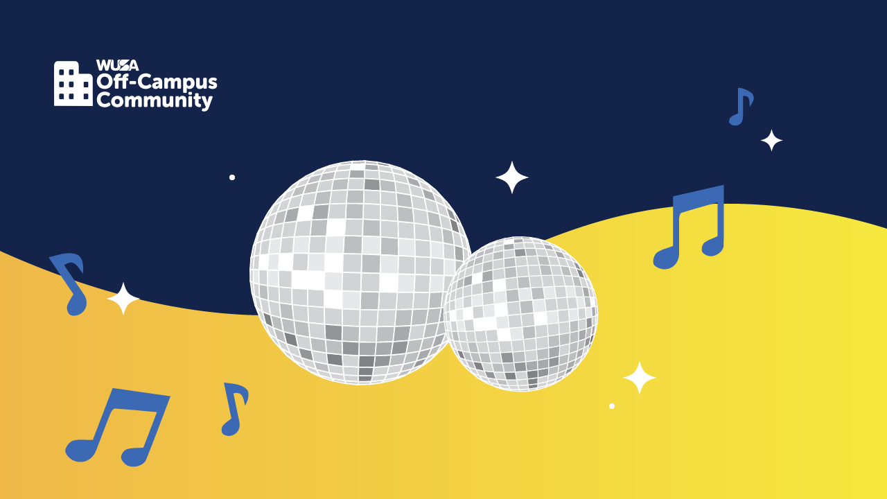 Disco balls and musical notes on blue and yellow background, with "WUSA Off-Campus Community" logo in the corner.