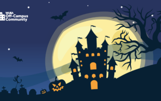 In an eerie scene, a spooky castle looms under the full moon, with bats flitting by and a jack-o'-lantern glowing eerily, as if in an auto draft of Halloween ambiance, while a bare tree stands stark against the dark sky.