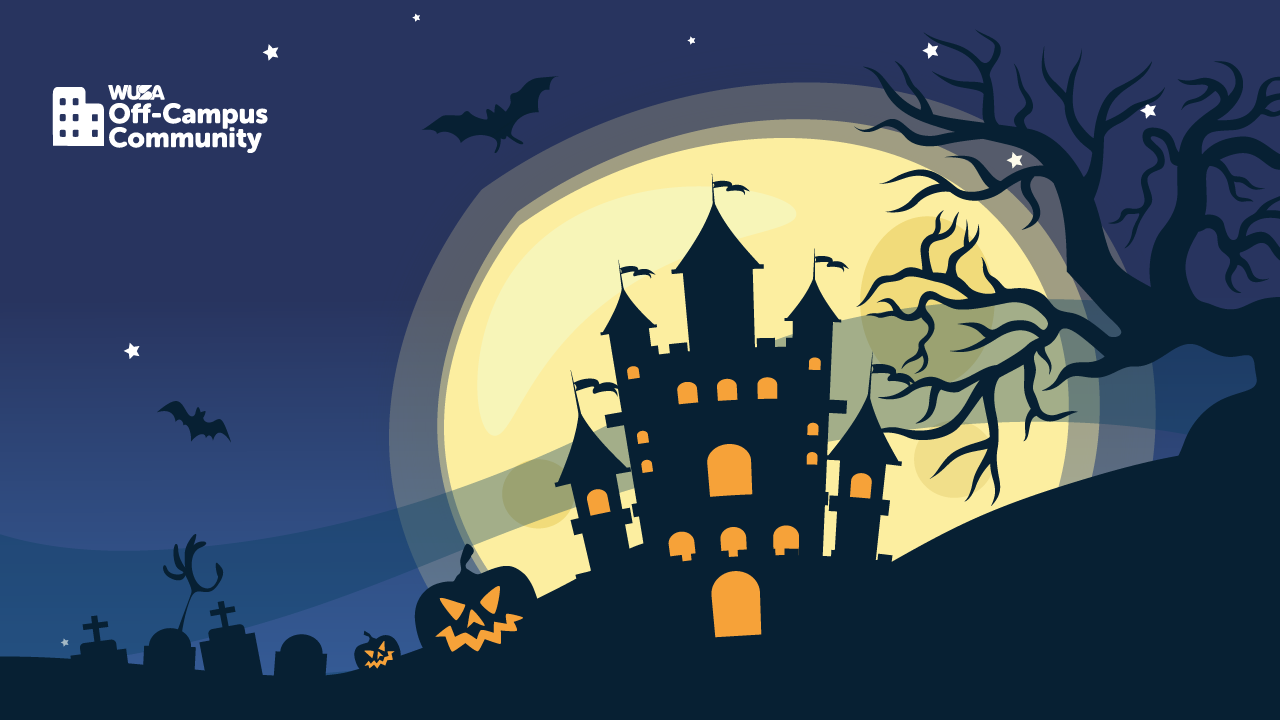 In an eerie scene, a spooky castle looms under the full moon, with bats flitting by and a jack-o'-lantern glowing eerily, as if in an auto draft of Halloween ambiance, while a bare tree stands stark against the dark sky.