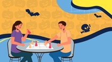 A WUSA-made graphic of two students sitting at a table and playing a board game, with stickers of bats and skulls in the background. 