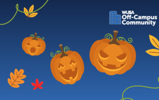 Three carved pumpkins with smiling faces, accompanied by autumn leaves and vines, create a charming scene on a blue background reminiscent of an auto draft in nature's sketchbook.