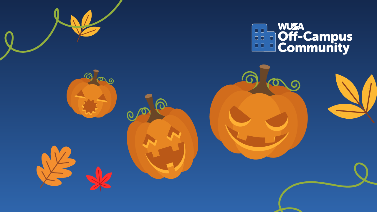 Three carved pumpkins with smiling faces, accompanied by autumn leaves and vines, create a charming scene on a blue background reminiscent of an auto draft in nature's sketchbook.