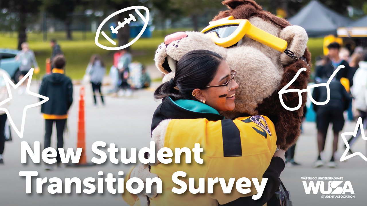 A student embraces the mascot outdoors, surrounded by playful doodles, with the phrase "Student Transition Survey" displayed prominently.