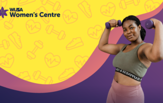 A woman lifts dumbbells, smiling, against a vibrant WUSA Women's Centre backdrop adorned with empowering fitness icons, celebrating strength training.