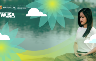 A person meditating by a lake, surrounded by stylized flowers and clouds, embodies the tranquil spirit of Wellness Week; the University of Waterloo logo is visible in the serene backdrop.