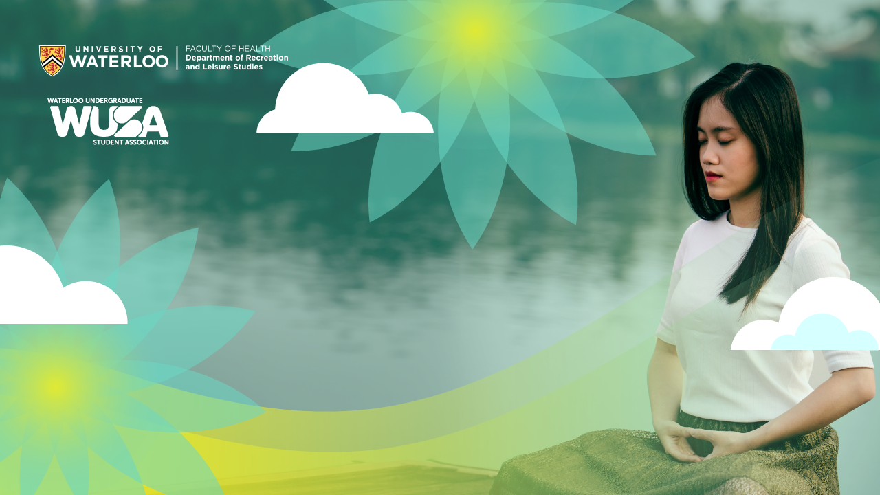 A person meditating by a lake, surrounded by stylized flowers and clouds, embodies the tranquil spirit of Wellness Week; the University of Waterloo logo is visible in the serene backdrop.