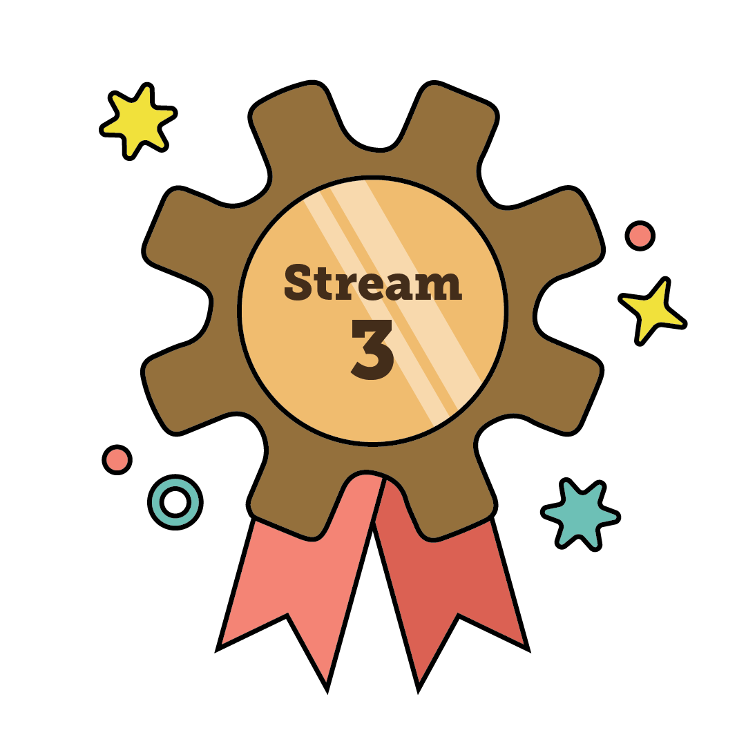 A badge with "Stream 3" text, surrounded by stars and circles with red ribbons.